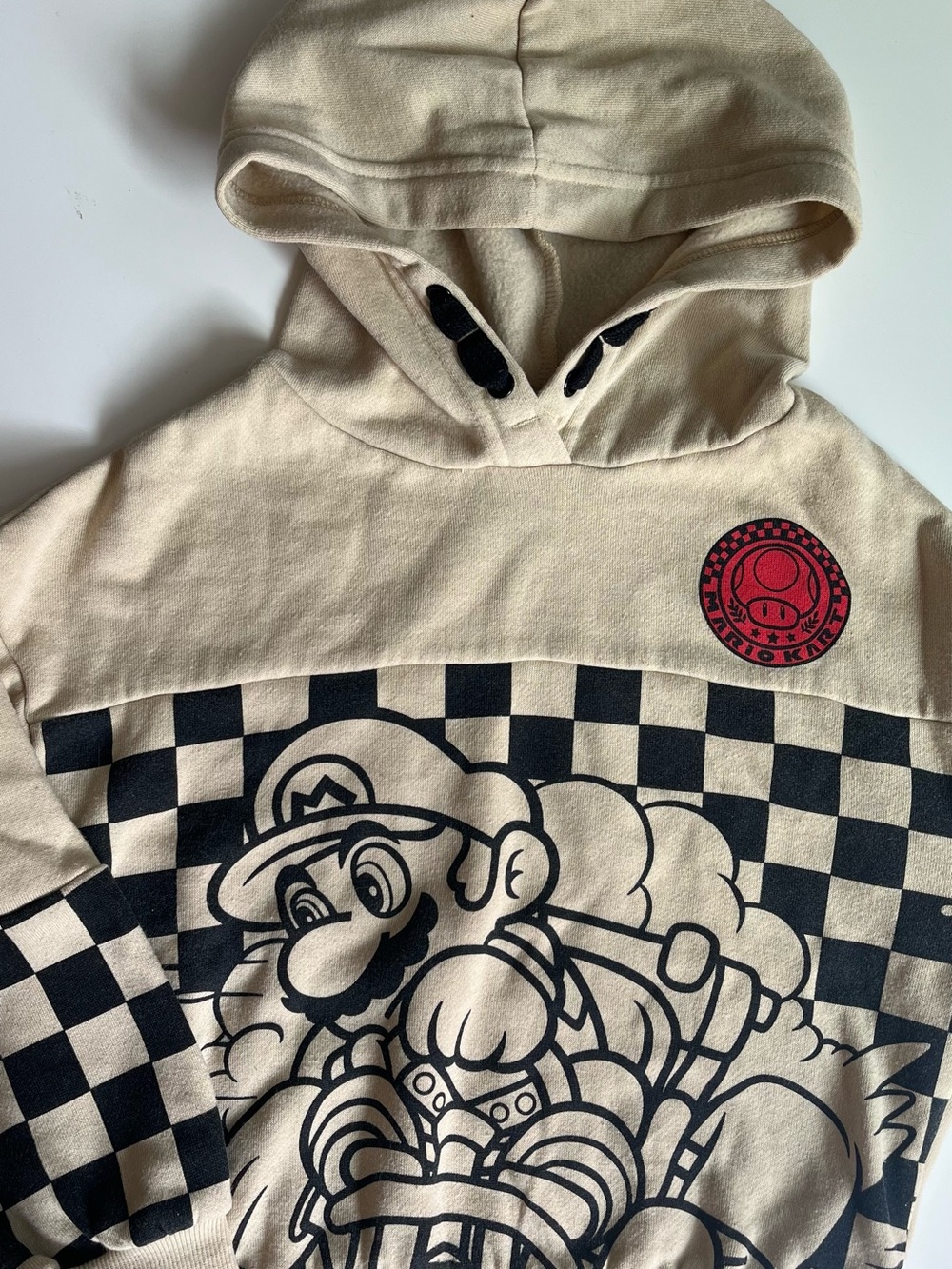 Kids Beige Checkerboard Mario Hoodie with Red Emblem